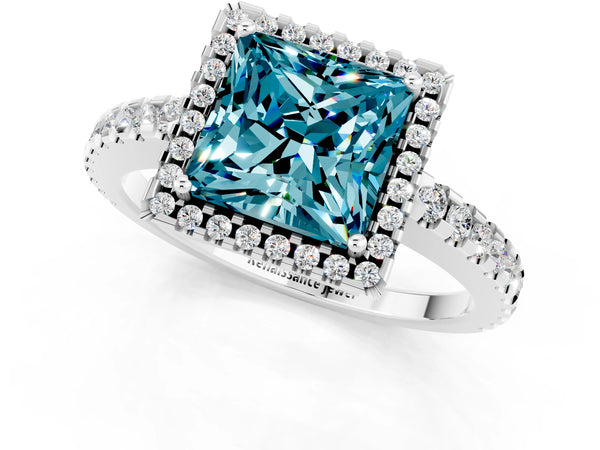White gold Princess Cut Blue Topaz Halo Engagement Ring with Pavé Band and Prong Setting