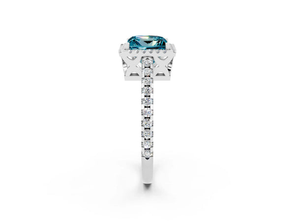 Platinum Princess Cut Blue Topaz Halo Engagement Ring with Pavé Band and Prong Setting