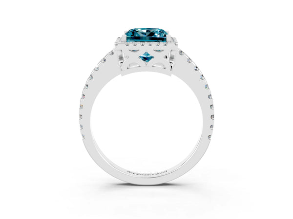 Platinum Princess Cut Blue Topaz Halo Engagement Ring with Pavé Band and Prong Setting