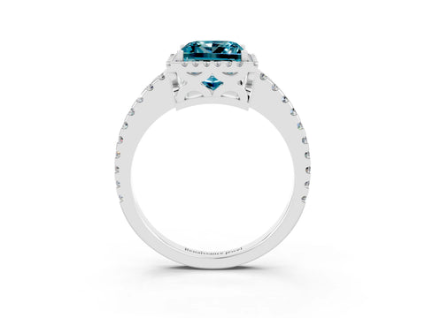 White gold Princess Cut Blue Topaz Halo Engagement Ring with Pavé Band and Prong Setting_15