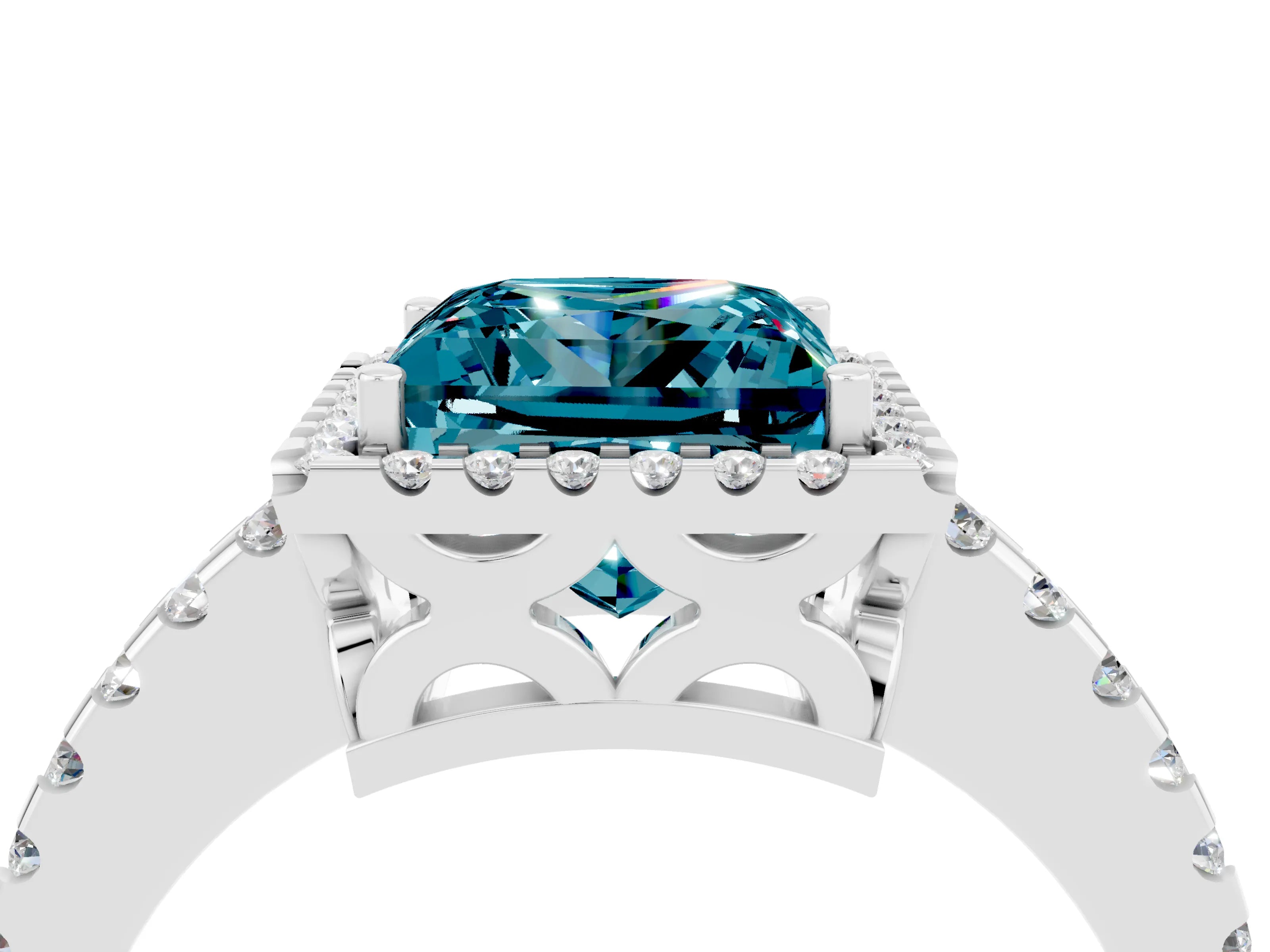 White gold Princess Cut Blue Topaz Halo Engagement Ring with Pavé Band and Prong Setting_16