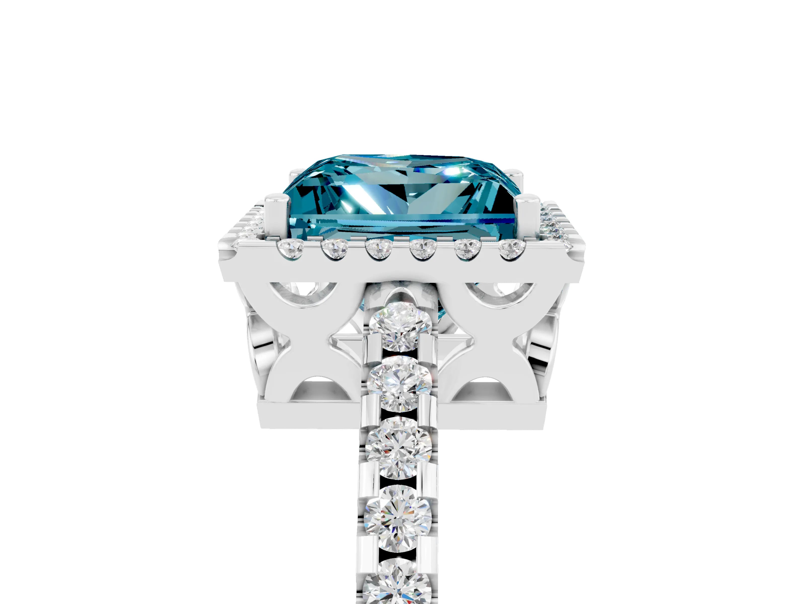 White gold Princess Cut Blue Topaz Halo Engagement Ring with Pavé Band and Prong Setting_17