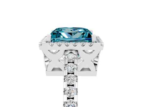 White gold Princess Cut Blue Topaz Halo Engagement Ring with Pavé Band and Prong Setting_17