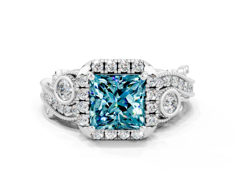 White gold Princess Cut Blue Topaz Halo Ring with Milgrain Pavé Band and Four-Prong Setting_12