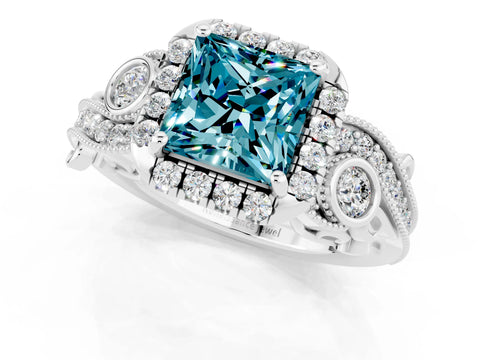White gold Princess Cut Blue Topaz Halo Ring with Milgrain Pavé Band and Four-Prong Setting_13