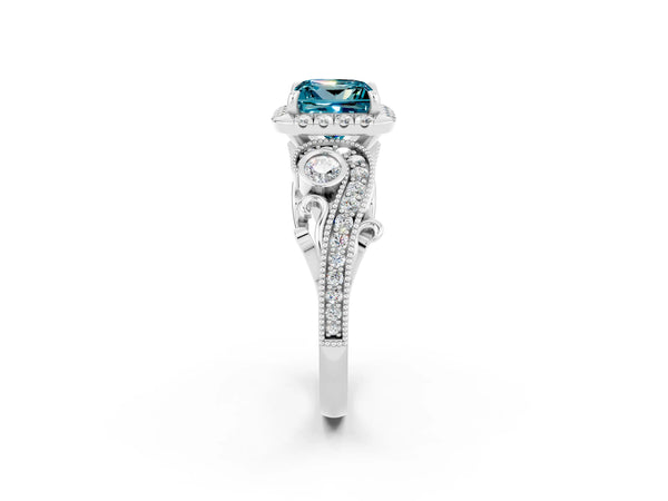 Silver Princess Cut Blue Topaz Halo Ring with Milgrain Pavé Band and Four-Prong Setting