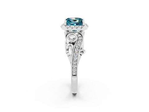White gold Princess Cut Blue Topaz Halo Ring with Milgrain Pavé Band and Four-Prong Setting_14