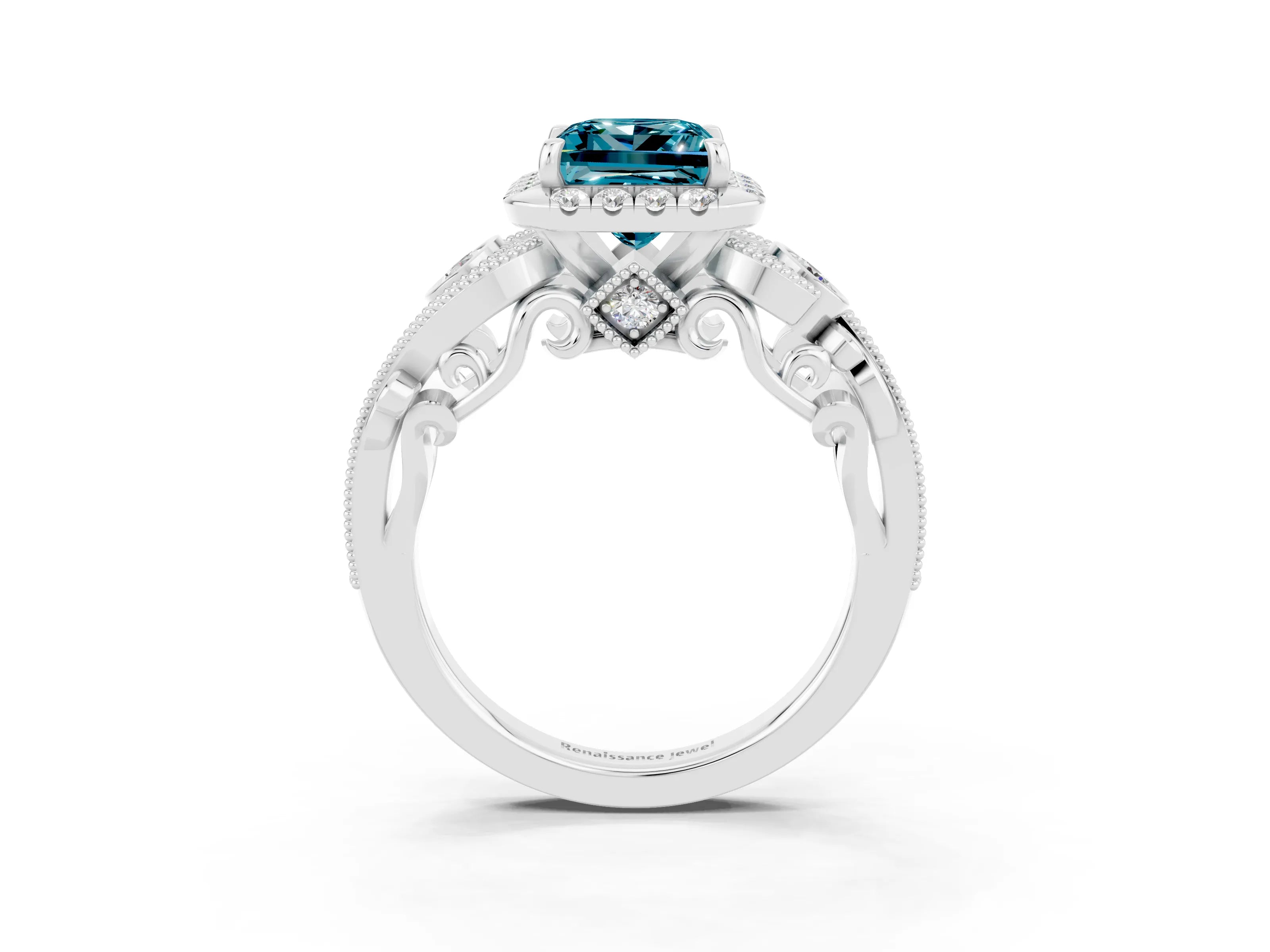 White gold Princess Cut Blue Topaz Halo Ring with Milgrain Pavé Band and Four-Prong Setting_15