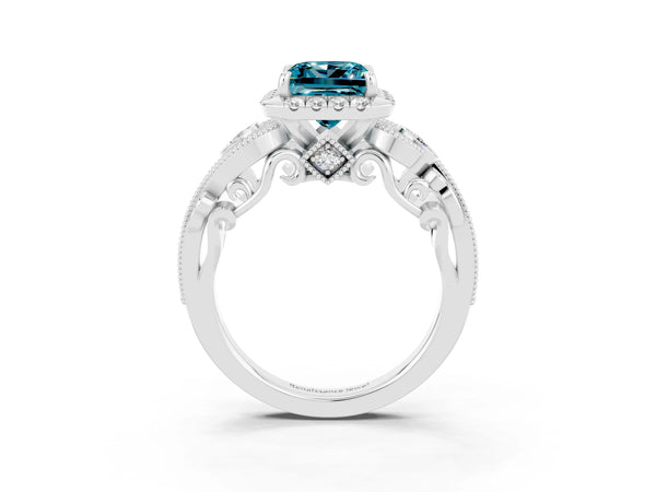 White gold Princess Cut Blue Topaz Halo Ring with Milgrain Pavé Band and Four-Prong Setting