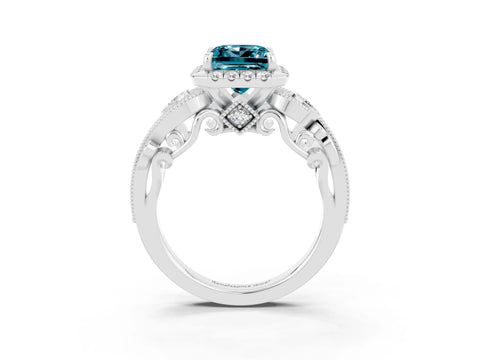 White gold Princess Cut Blue Topaz Halo Ring with Milgrain Pavé Band and Four-Prong Setting_15