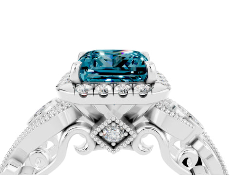 White gold Princess Cut Blue Topaz Halo Ring with Milgrain Pavé Band and Four-Prong Setting_16