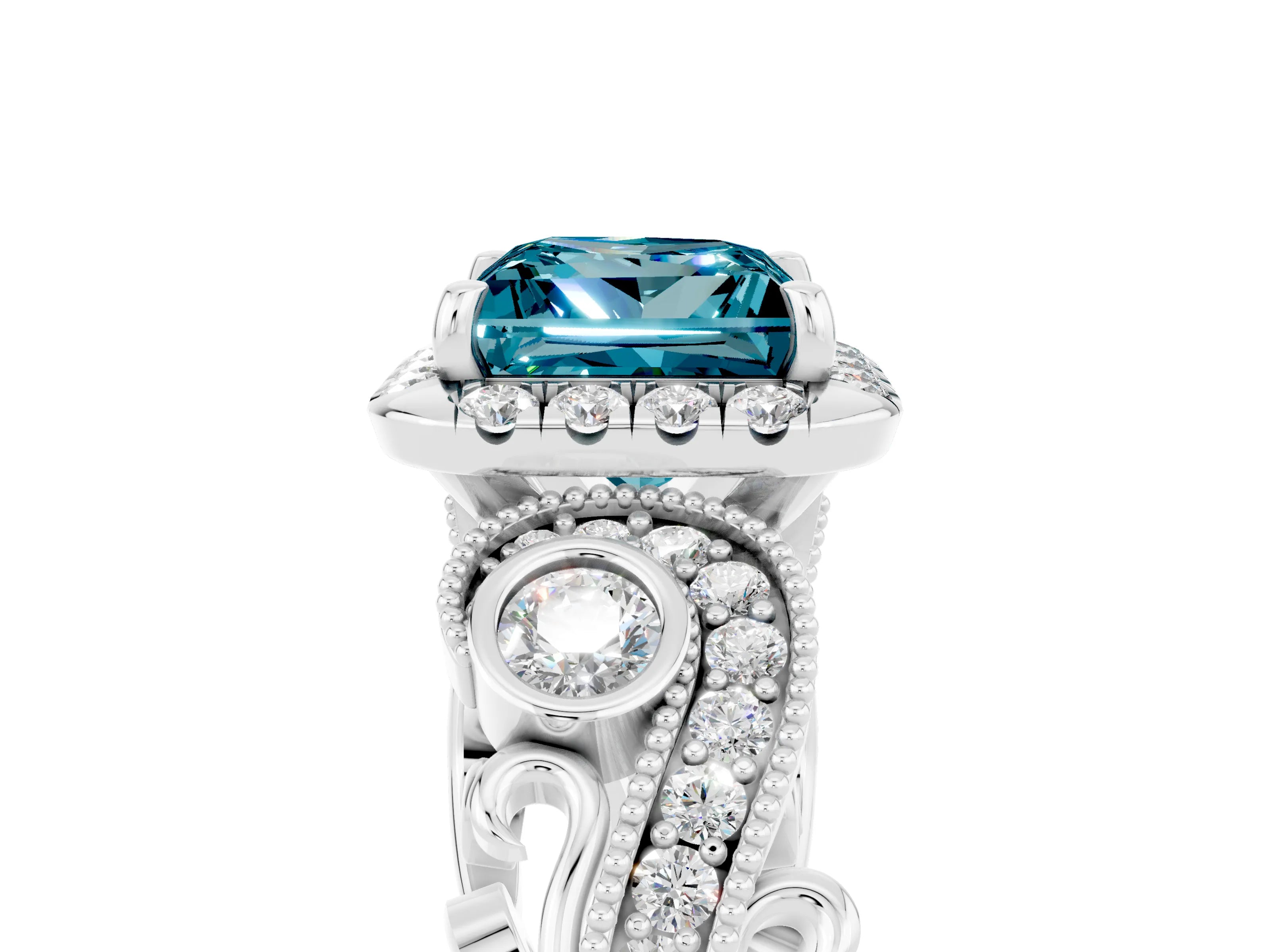 White gold Princess Cut Blue Topaz Halo Ring with Milgrain Pavé Band and Four-Prong Setting_17