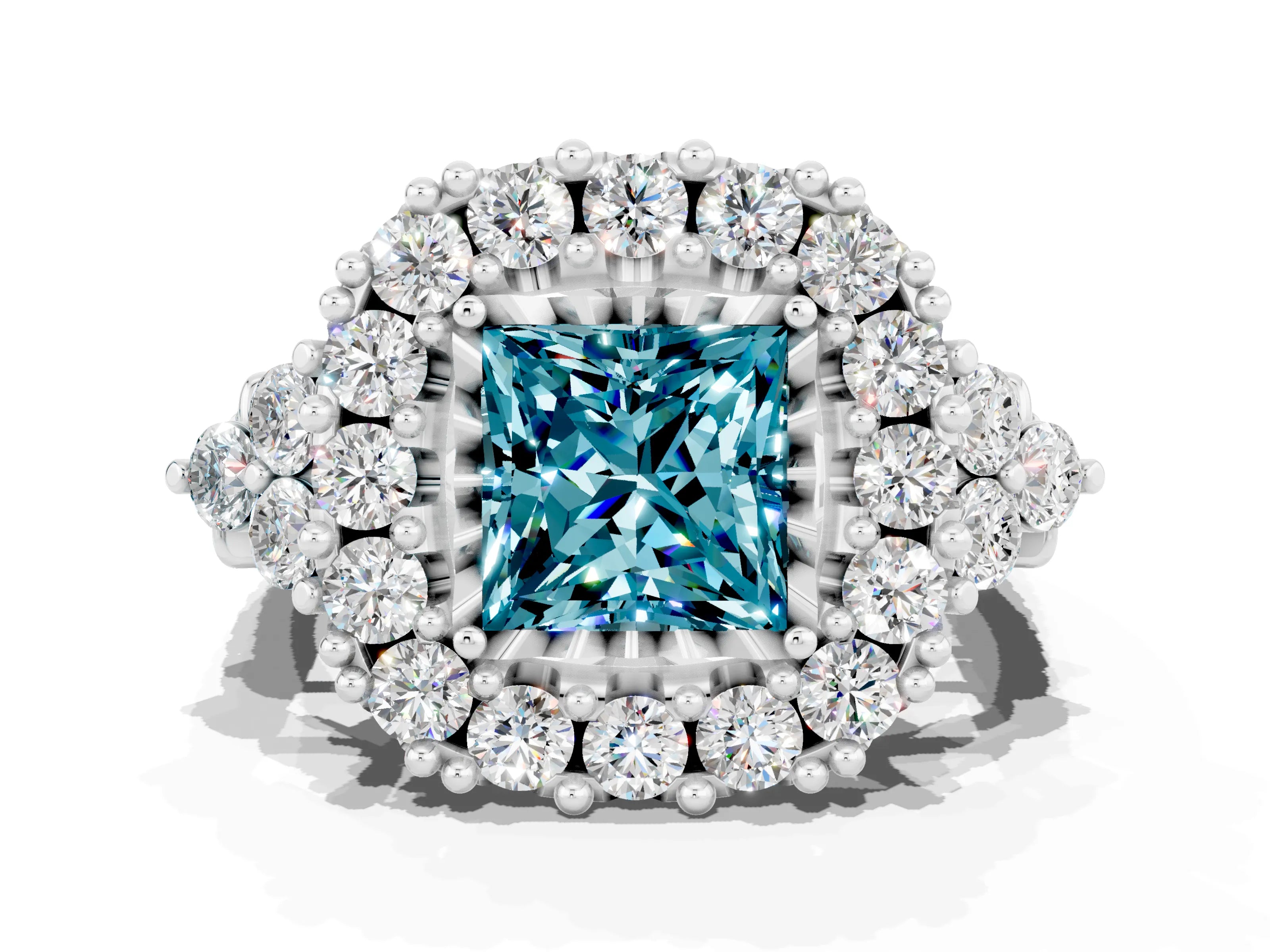 White gold Princess Cut Blue Topaz Halo Ring with Pavé Band and Four-Prong Setting_12