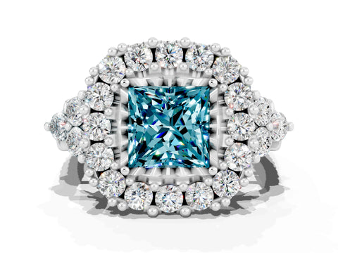 White gold Princess Cut Blue Topaz Halo Ring with Pavé Band and Four-Prong Setting_12