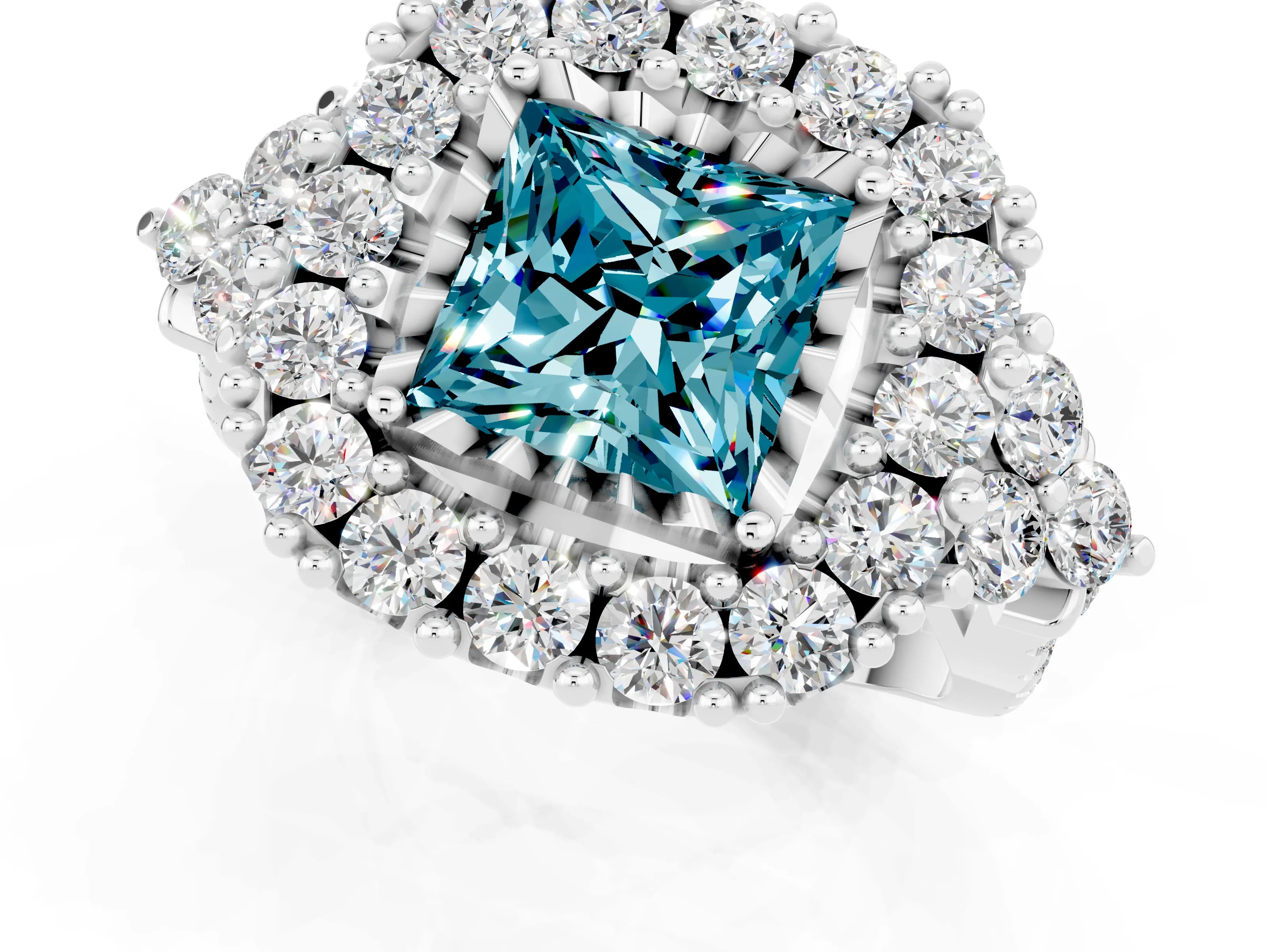 White gold Princess Cut Blue Topaz Halo Ring with Pavé Band and Four-Prong Setting_13
