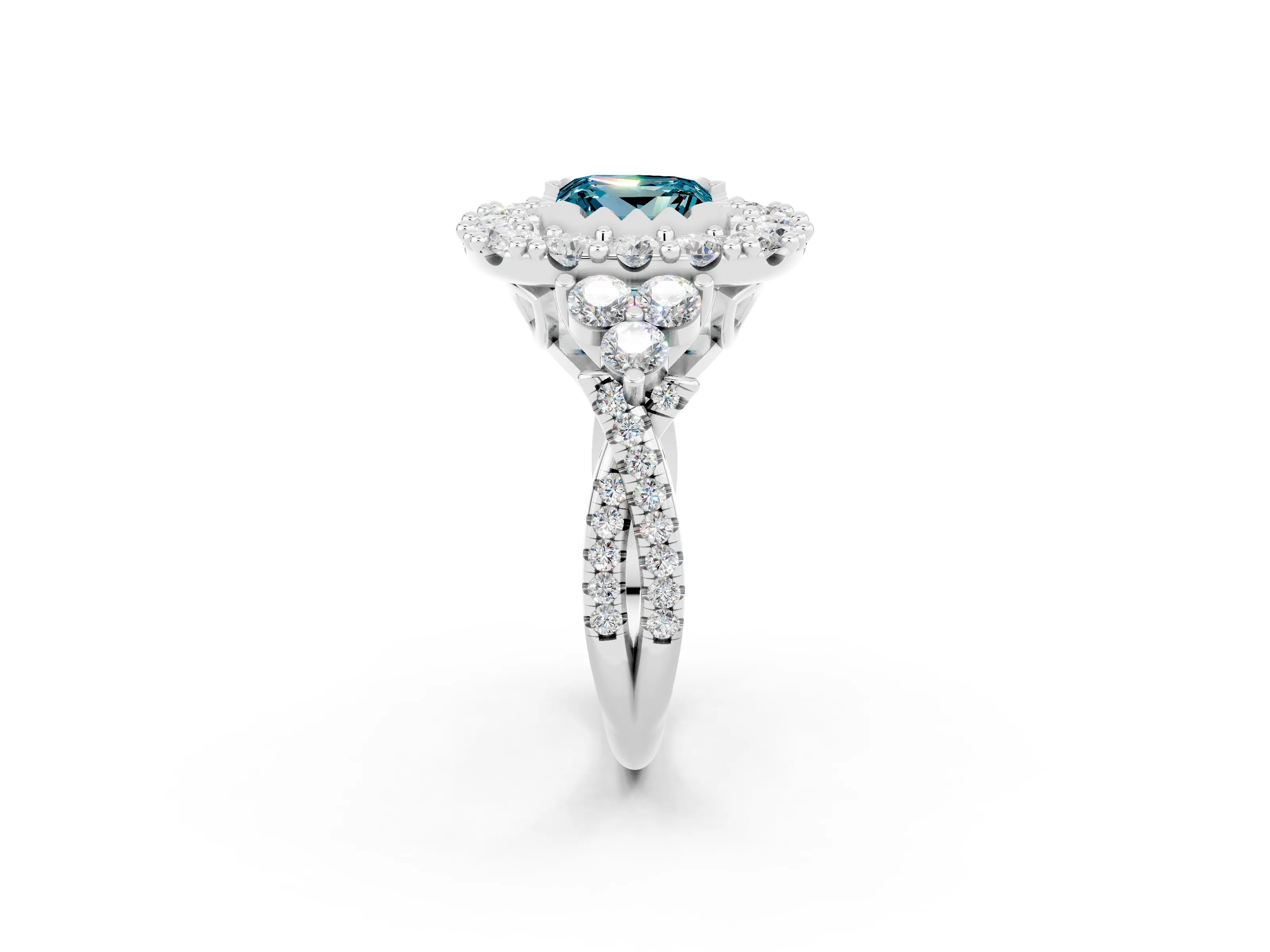 White gold Princess Cut Blue Topaz Halo Ring with Pavé Band and Four-Prong Setting_14