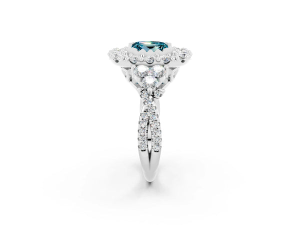 Silver Princess Cut Blue Topaz Halo Ring with Pavé Band and Four-Prong Setting