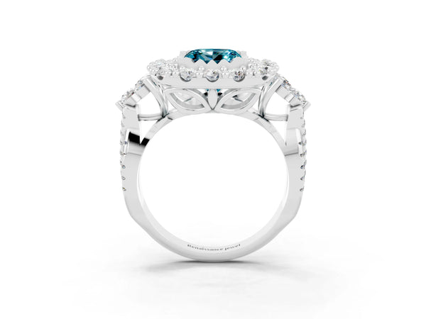 Platinum Princess Cut Blue Topaz Halo Ring with Pavé Band and Four-Prong Setting