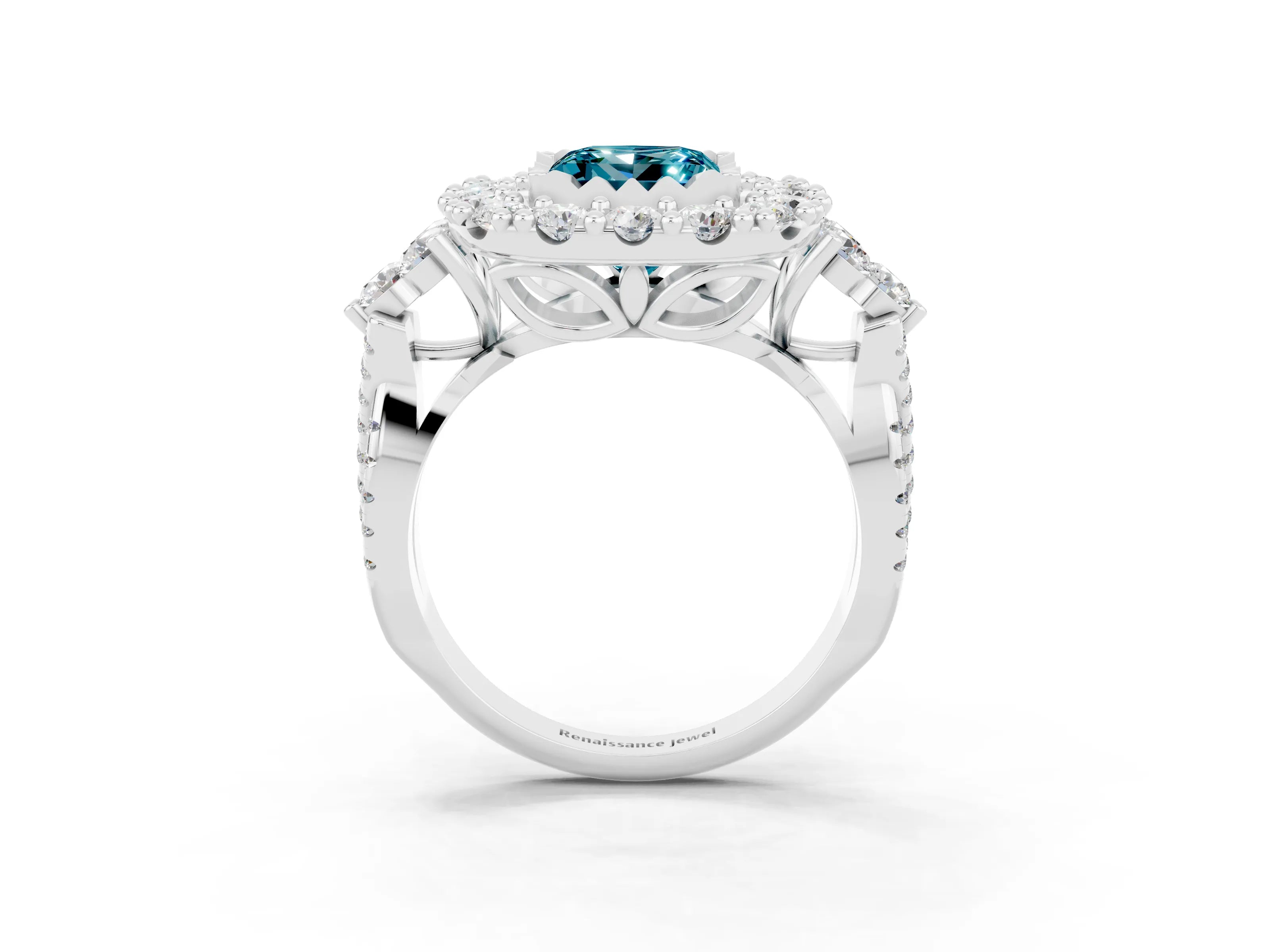 White gold Princess Cut Blue Topaz Halo Ring with Pavé Band and Four-Prong Setting_15
