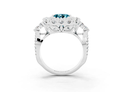 White gold Princess Cut Blue Topaz Halo Ring with Pavé Band and Four-Prong Setting_15