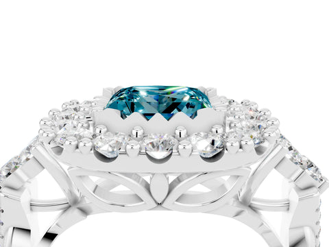 White gold Princess Cut Blue Topaz Halo Ring with Pavé Band and Four-Prong Setting_16