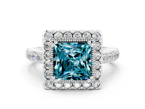 White gold Princess Cut Blue Topaz Halo Ring with Pavé Band and Prong Setting