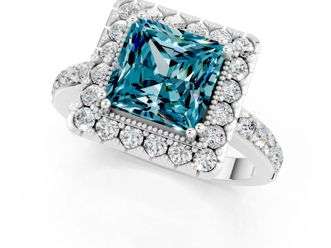 White gold Princess Cut Blue Topaz Halo Ring with Pavé Band and Prong Setting_1