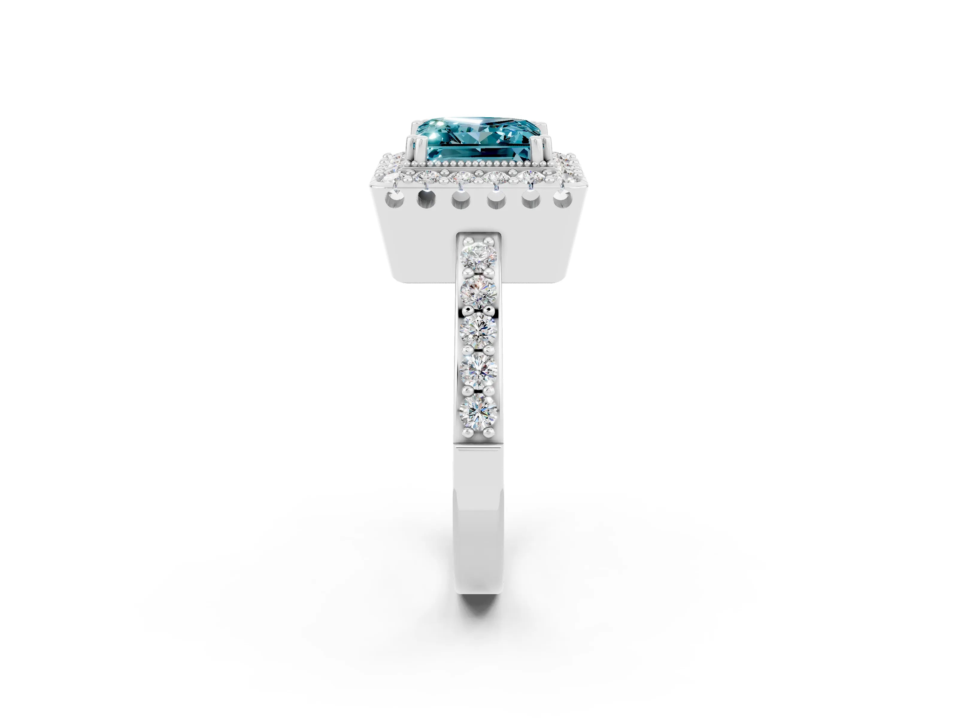 White gold Princess Cut Blue Topaz Halo Ring with Pavé Band and Prong Setting_2