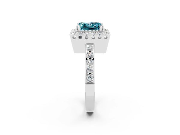 Silver Princess Cut Blue Topaz Halo Ring with Pavé Band and Prong Setting