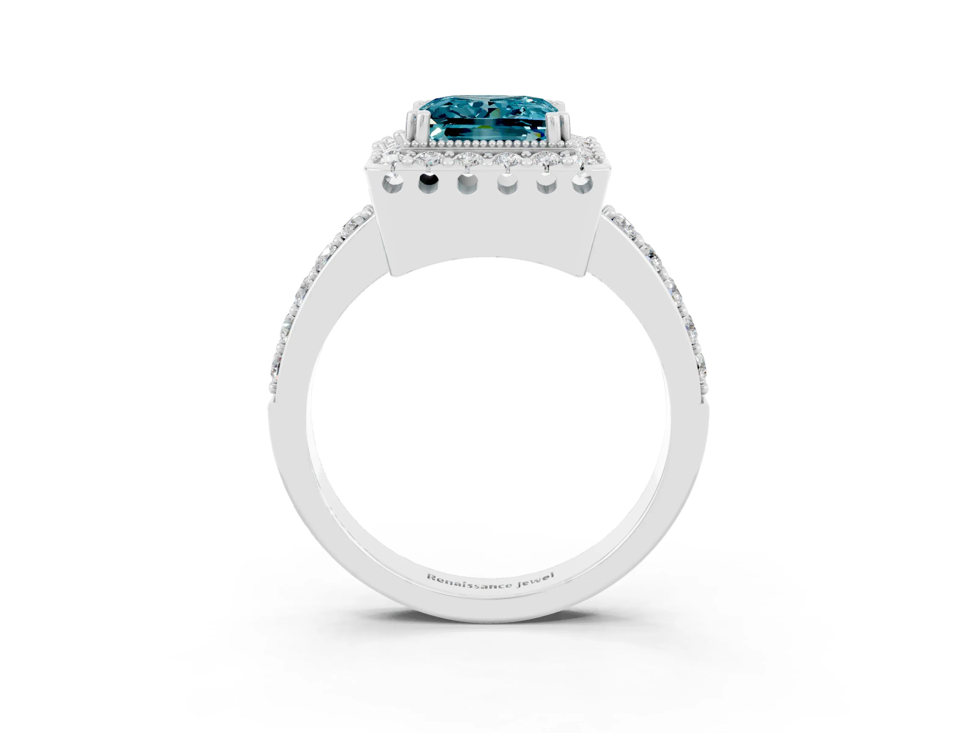 White gold Princess Cut Blue Topaz Halo Ring with Pavé Band and Prong Setting_3