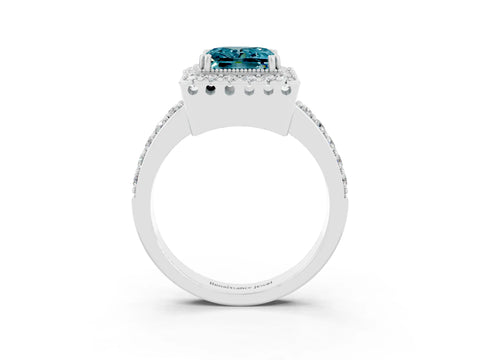 White gold Princess Cut Blue Topaz Halo Ring with Pavé Band and Prong Setting_3