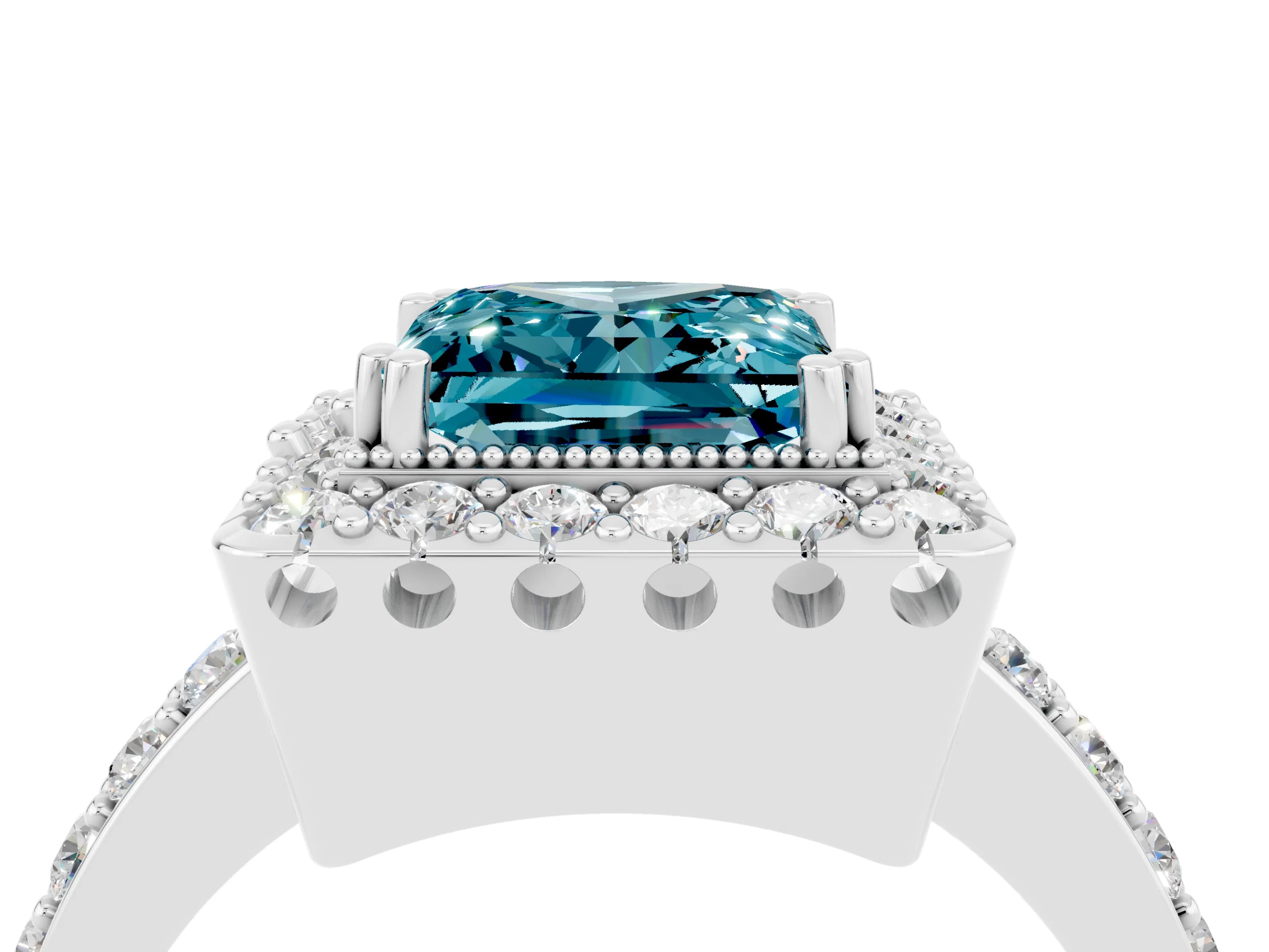 White gold Princess Cut Blue Topaz Halo Ring with Pavé Band and Prong Setting_4