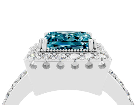 White gold Princess Cut Blue Topaz Halo Ring with Pavé Band and Prong Setting_4