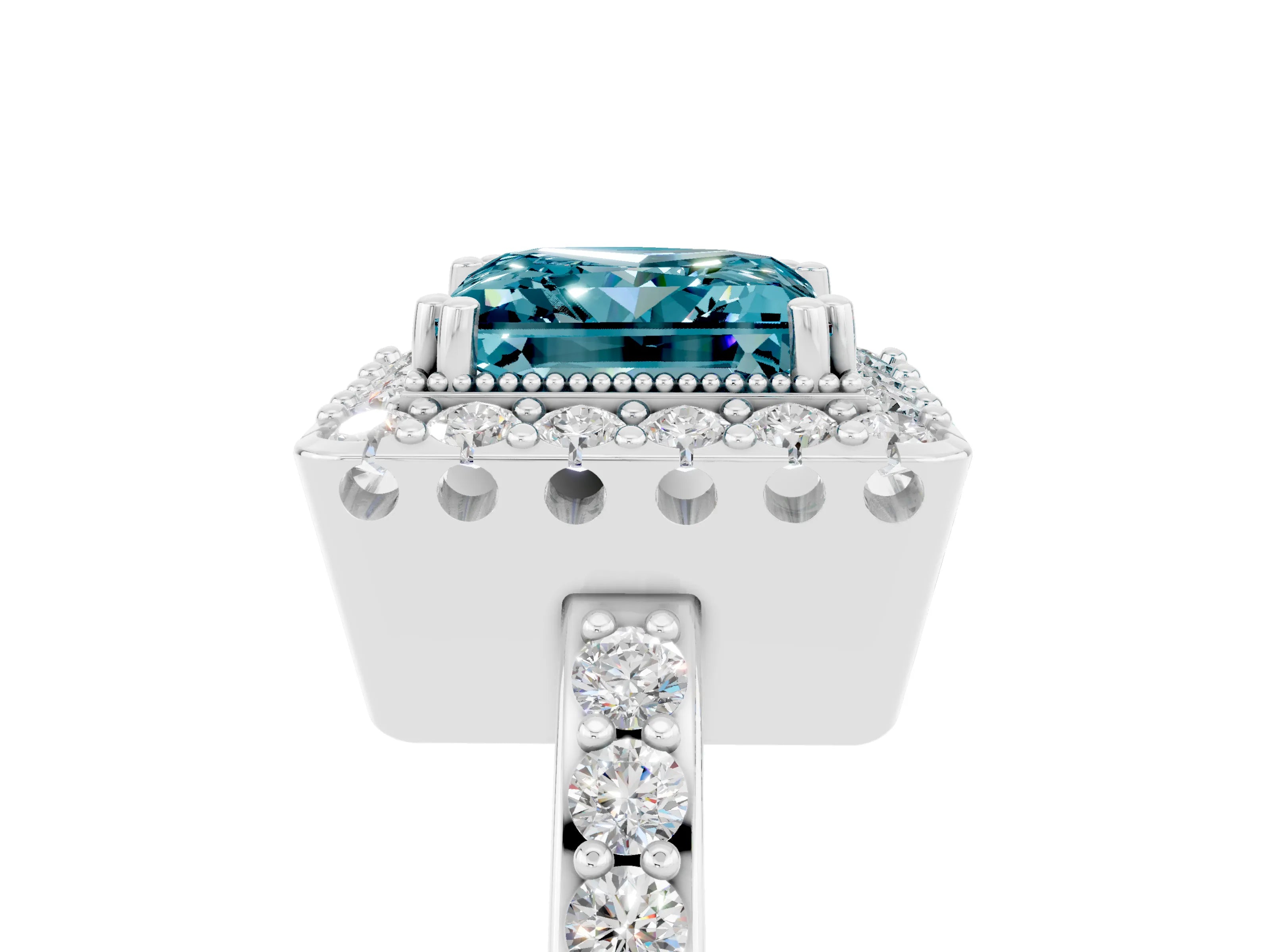 White gold Princess Cut Blue Topaz Halo Ring with Pavé Band and Prong Setting_5