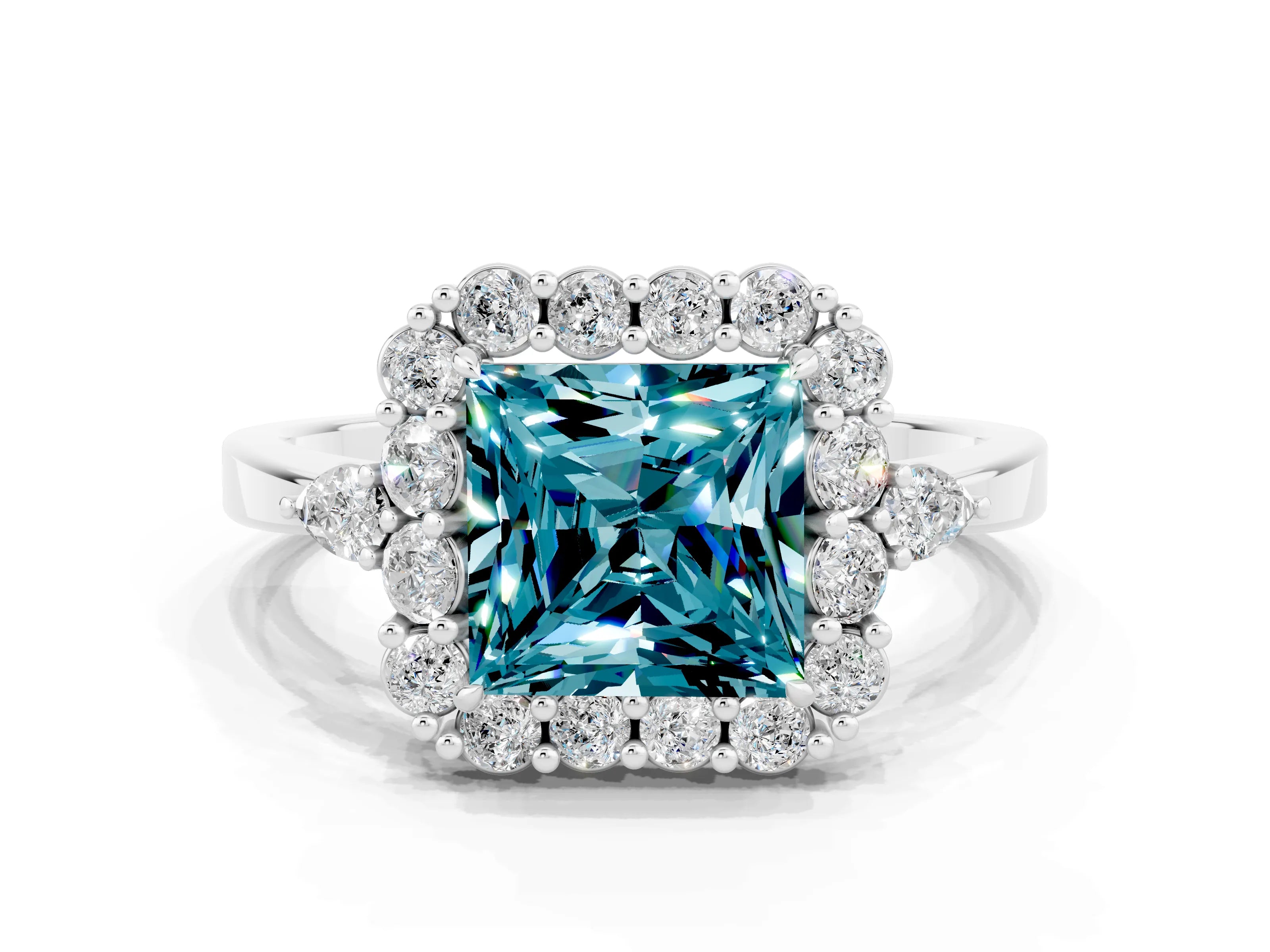 White gold Princess Cut Blue Topaz Halo Ring with Pear Side Stones and Prong Setting_24