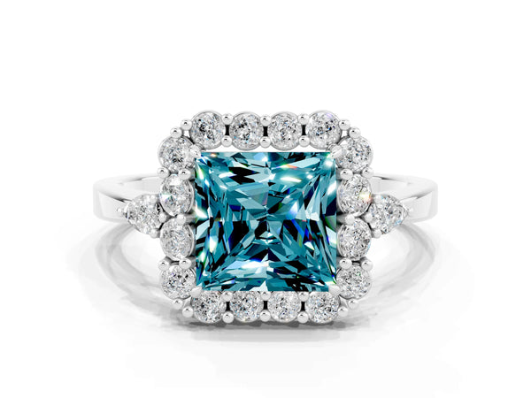 Silver Princess Cut Blue Topaz Halo Ring with Pear Side Stones and Prong Setting