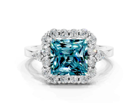 White gold Princess Cut Blue Topaz Halo Ring with Pear Side Stones and Prong Setting_24