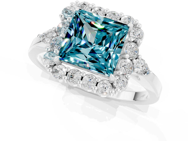 Platinum Princess Cut Blue Topaz Halo Ring with Pear Side Stones and Prong Setting