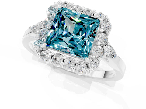 White gold Princess Cut Blue Topaz Halo Ring with Pear Side Stones and Prong Setting_25