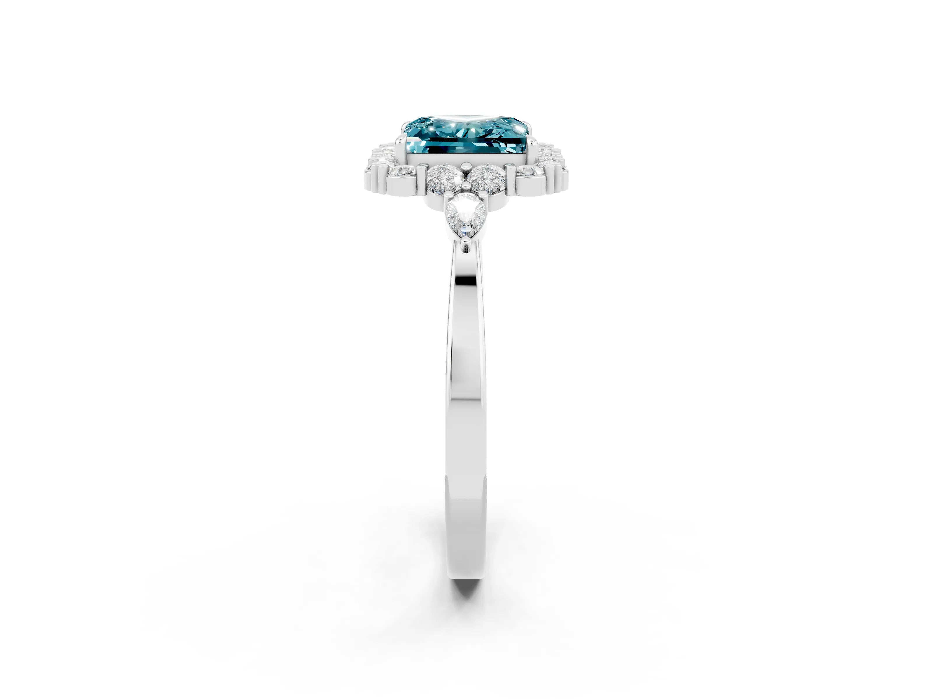White gold Princess Cut Blue Topaz Halo Ring with Pear Side Stones and Prong Setting_26