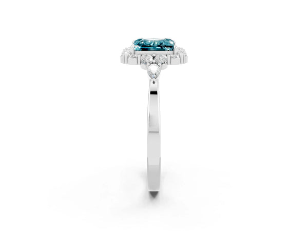 Platinum Princess Cut Blue Topaz Halo Ring with Pear Side Stones and Prong Setting