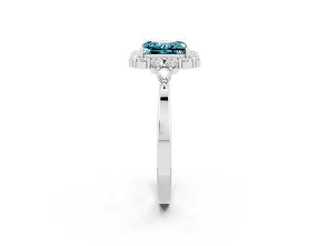 White gold Princess Cut Blue Topaz Halo Ring with Pear Side Stones and Prong Setting_26