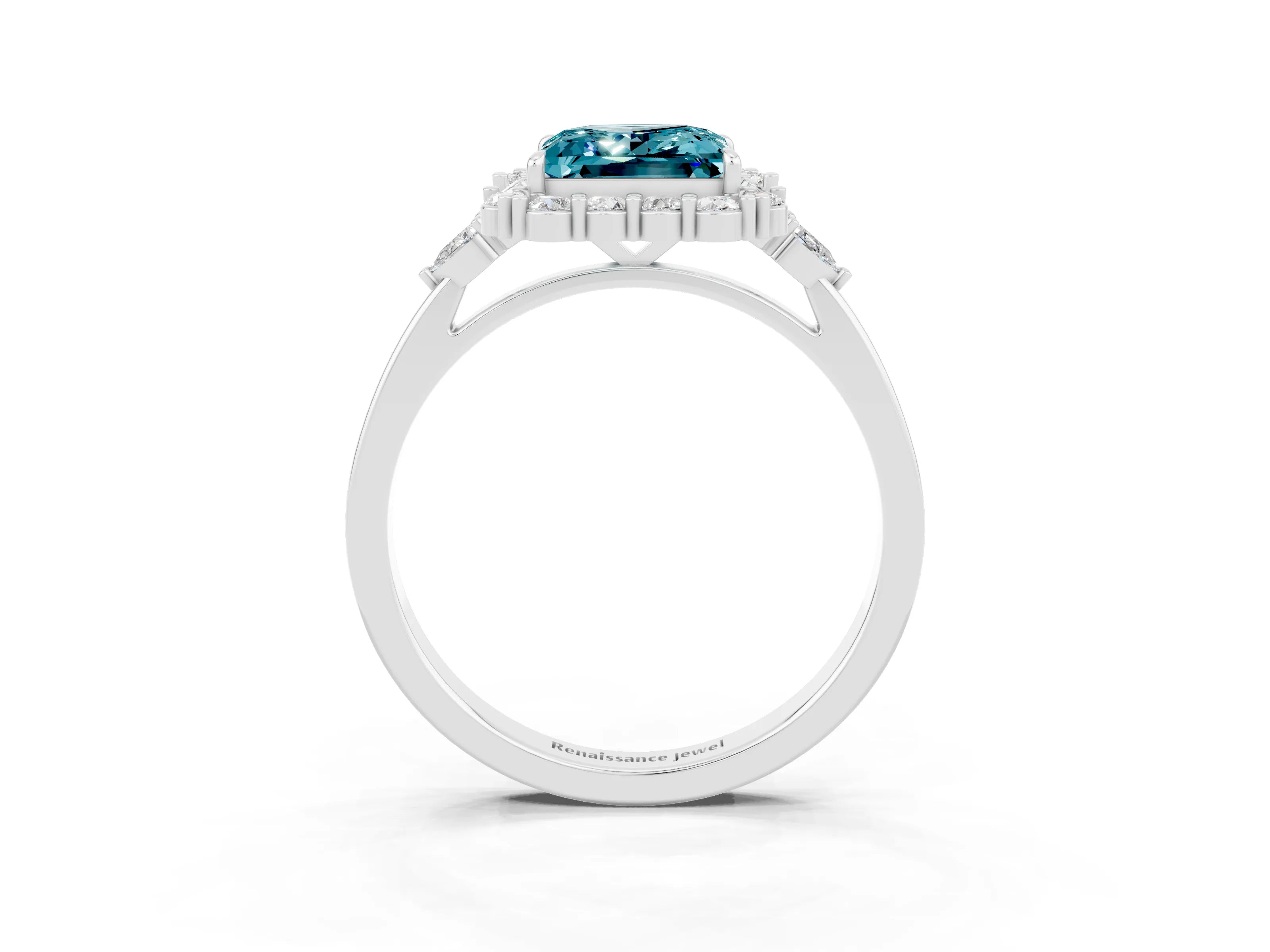 White gold Princess Cut Blue Topaz Halo Ring with Pear Side Stones and Prong Setting_27