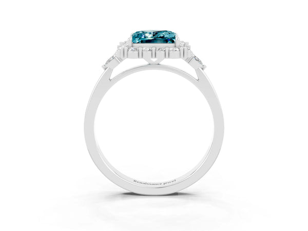 Silver Princess Cut Blue Topaz Halo Ring with Pear Side Stones and Prong Setting
