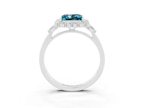 White gold Princess Cut Blue Topaz Halo Ring with Pear Side Stones and Prong Setting_27
