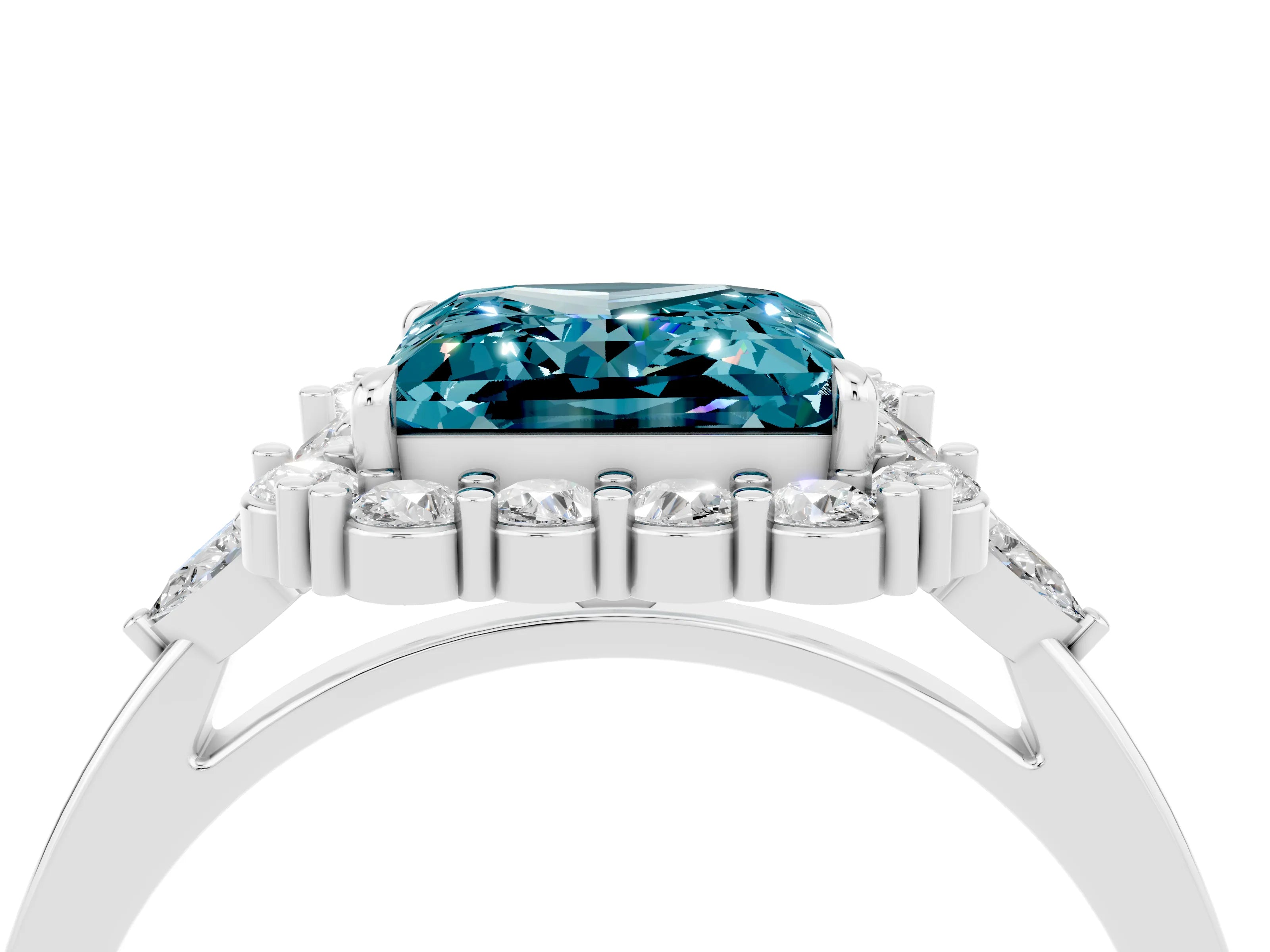 White gold Princess Cut Blue Topaz Halo Ring with Pear Side Stones and Prong Setting_28