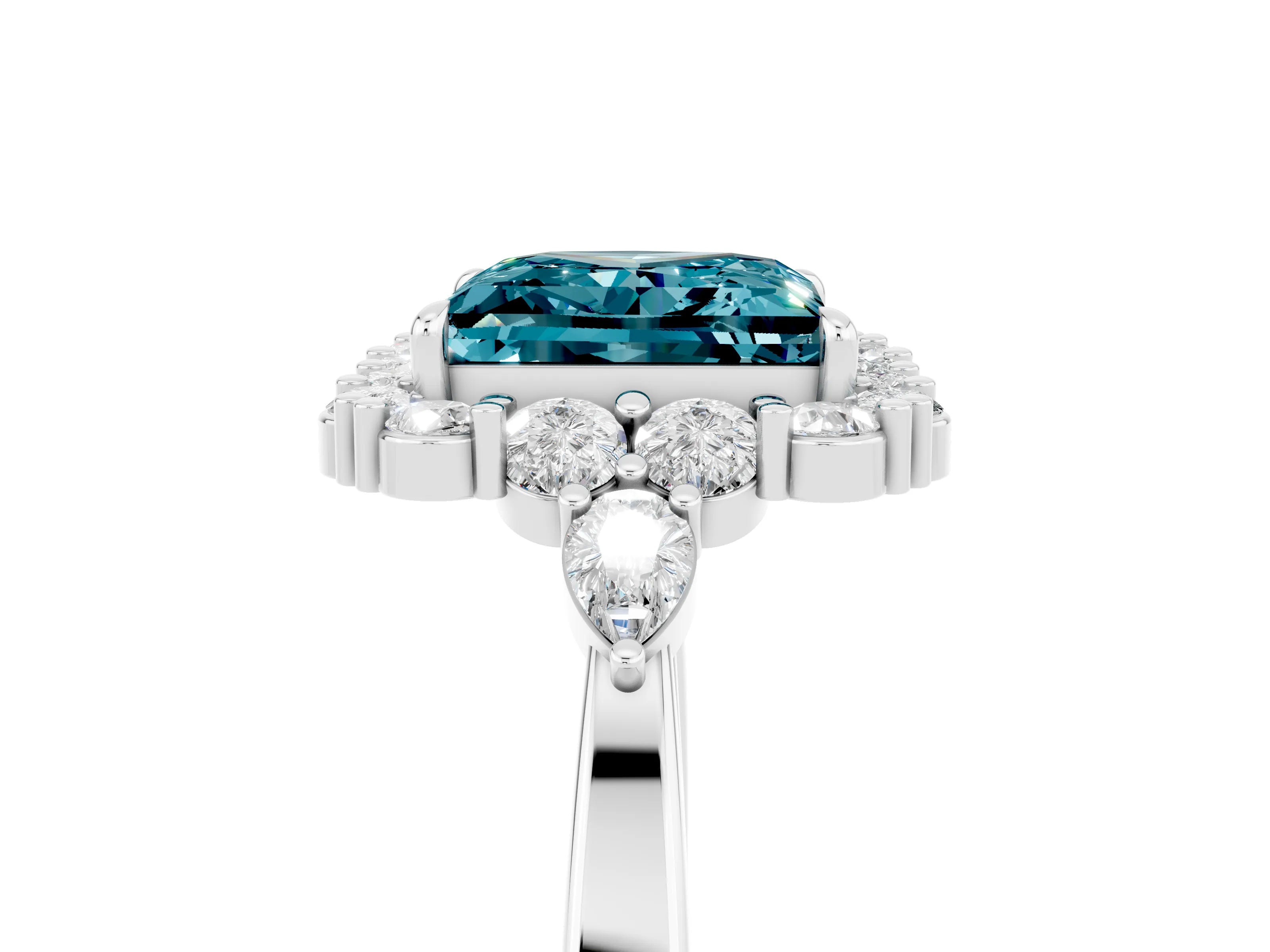 White gold Princess Cut Blue Topaz Halo Ring with Pear Side Stones and Prong Setting_29