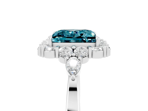 White gold Princess Cut Blue Topaz Halo Ring with Pear Side Stones and Prong Setting_29