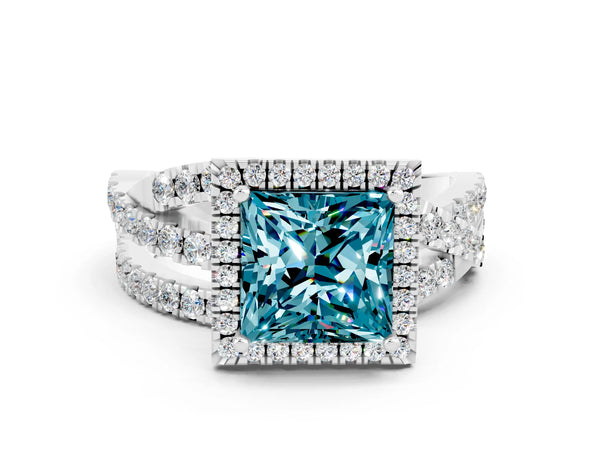 Platinum Princess Cut Blue Topaz Halo Ring with Round Split Shank and Prong Setting