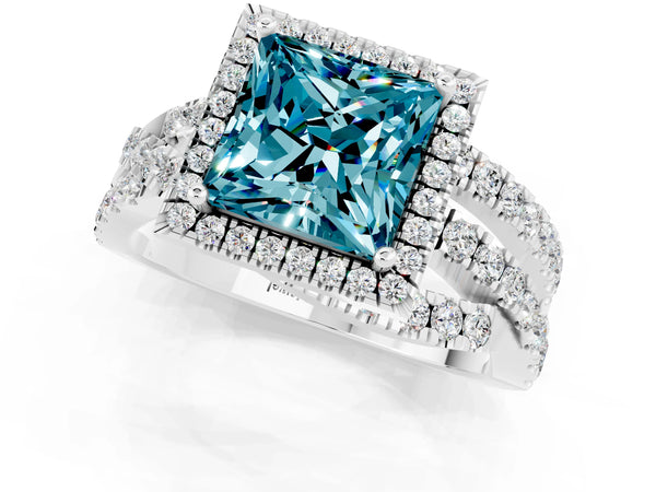 Platinum Princess Cut Blue Topaz Halo Ring with Round Split Shank and Prong Setting